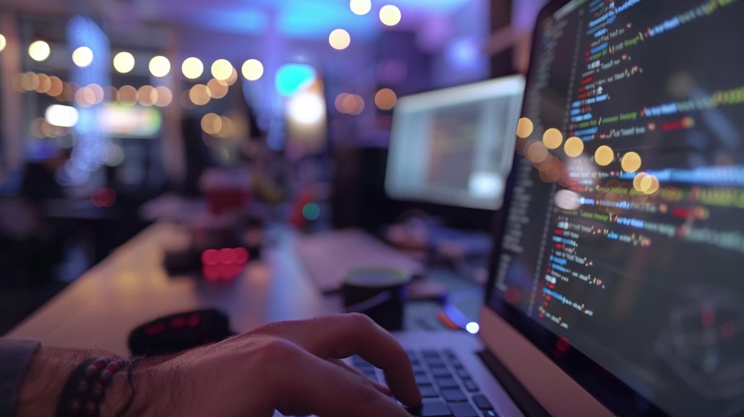 Programmer working in a dimly lit room with two computer screens displaying code, ambient lighting in the background.