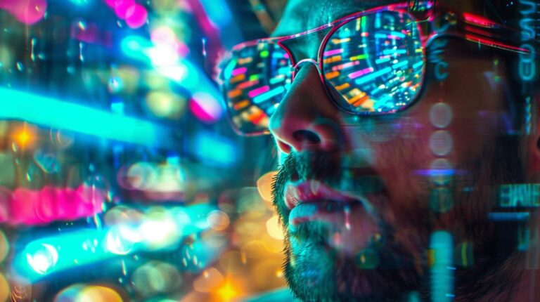 Man with reflective sunglasses against a vibrant bokeh light background.