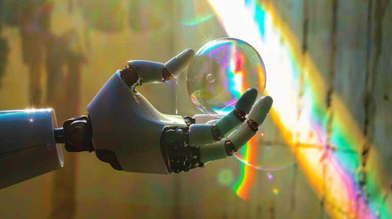 Robot arm holding a soap bubble with rainbow reflections in sunlight.