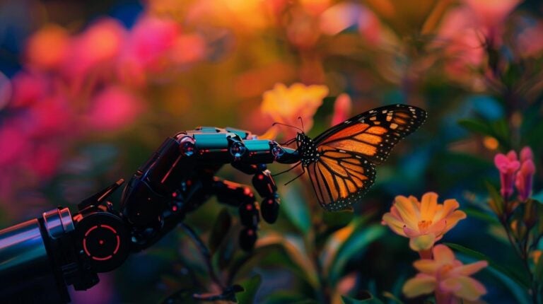 Robot arm interacting with a monarch butterfly among vibrant flowers