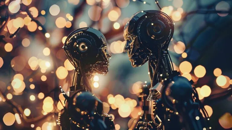 Two humanoid robots facing each other with a backdrop of blurred lights.