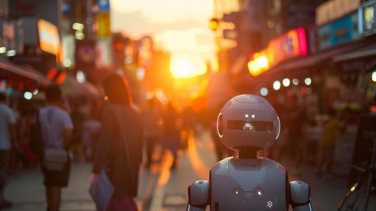 Robot facing sunset in busy city street scene.