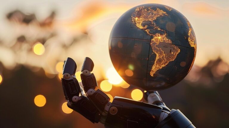 Robot hand holding a glowing world globe at sunset
