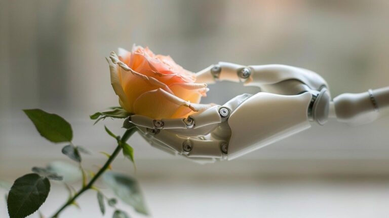 Robot hand gently holding a delicate peach-colored rose against a blurred background.
