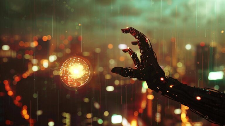 Robot hand with glowing orb against a blurry city background with falling rain