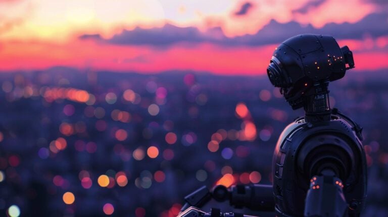 Robot head gazing at a vibrant sunset over a blurred cityscape.