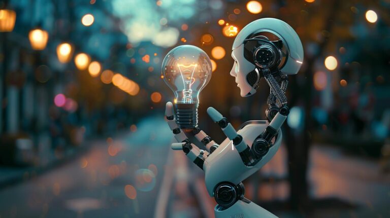 Robot holding a light bulb with illuminated city street in the background.