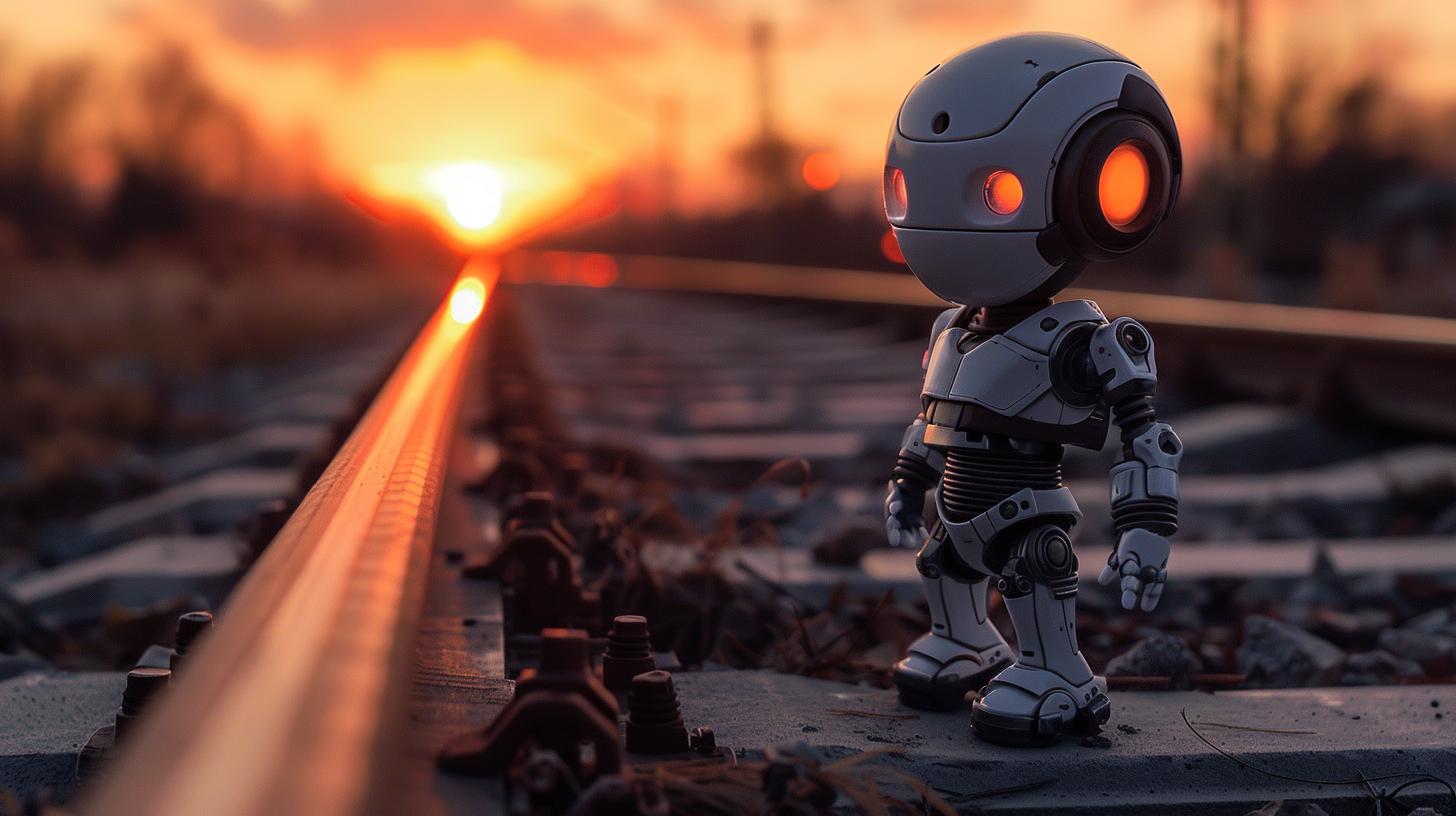 Robot standing on train tracks at sunset.