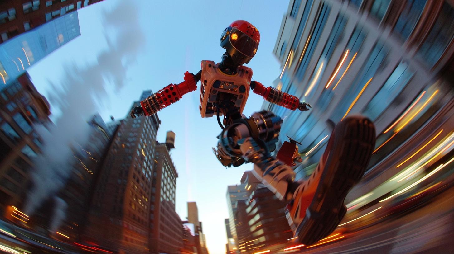 Robot figure soaring through a city street with dynamic motion blur and skyscraper backdrop.