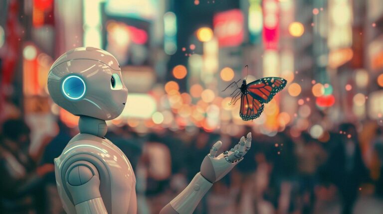 3D illustration of a humanoid robot with a butterfly on its hand against a blurred city lights background.