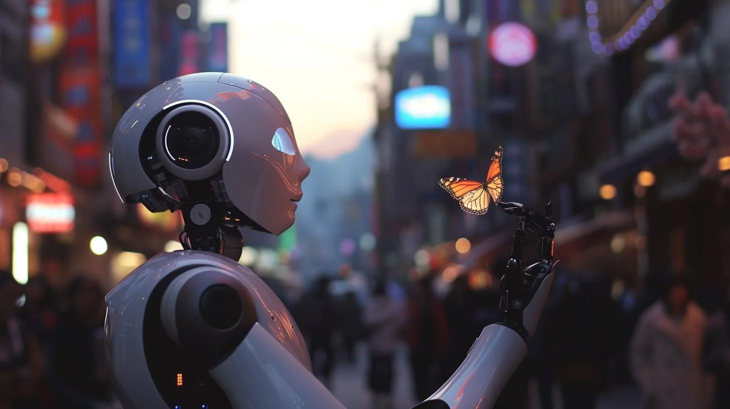 Humanoid robot interacting with a butterfly on a busy city street at dusk.