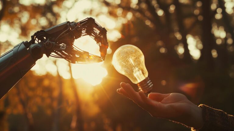Robotic arm and human hand holding a lightbulb together against a sunset background