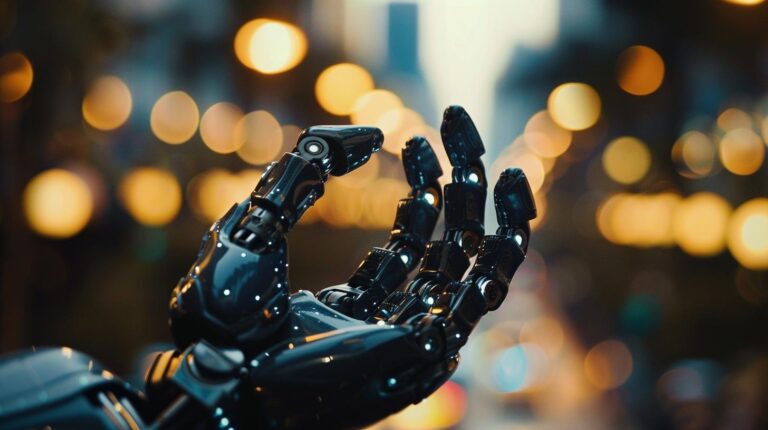 Robotic hand with intricate details against a blurred background with warm bokeh lights.