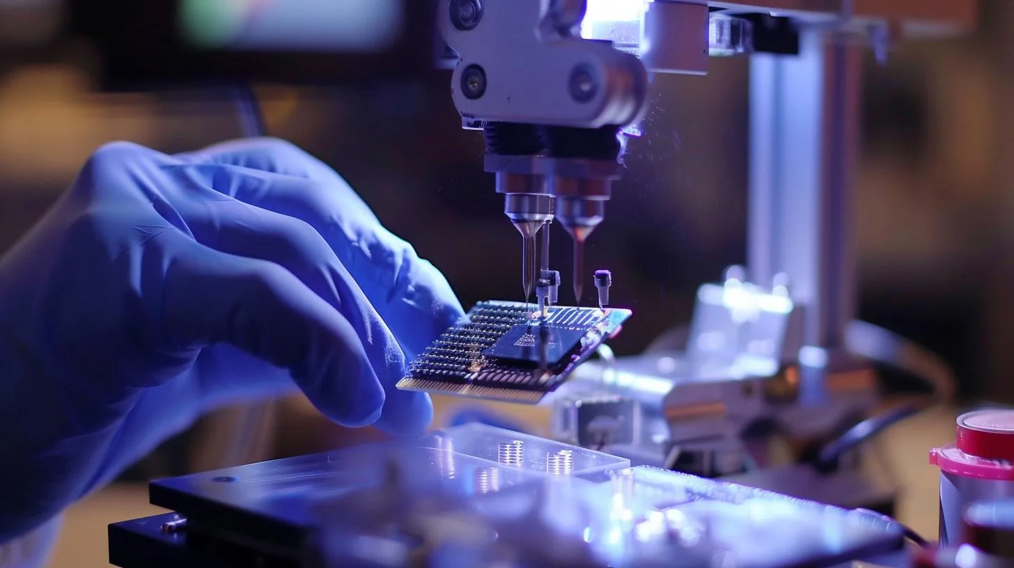 Scientist using a precision automation machine for microchip production in a laboratory setting.