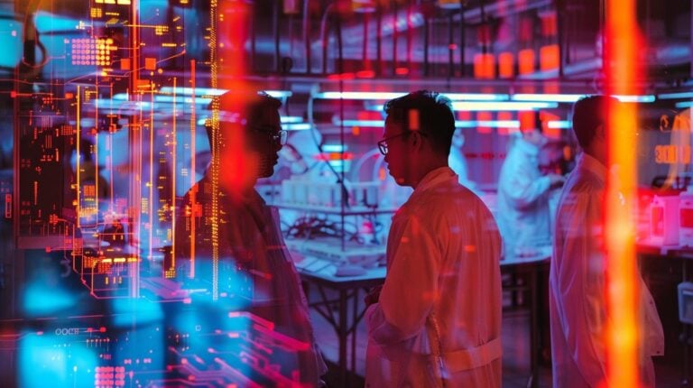 Two scientists in lab coats discussing research in a high-tech laboratory with glowing red and blue lights
