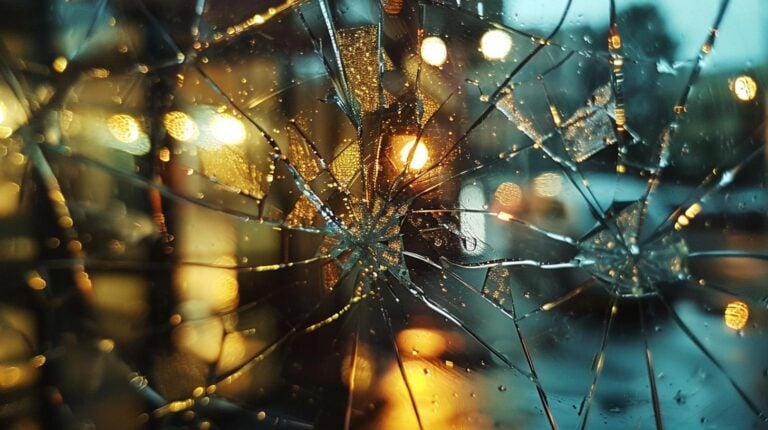 Close-up of shattered glass with raindrops and blurred city lights in the background.