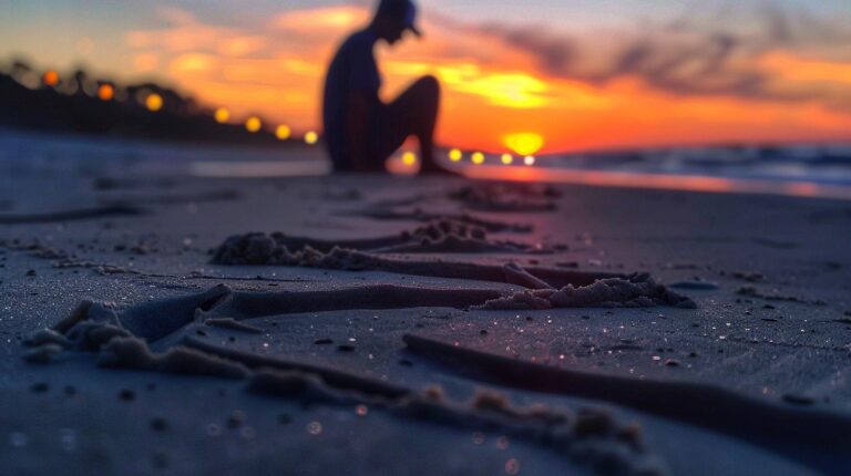 Silhouette of a person sitting on the beach with a vibrant sunset in the background.