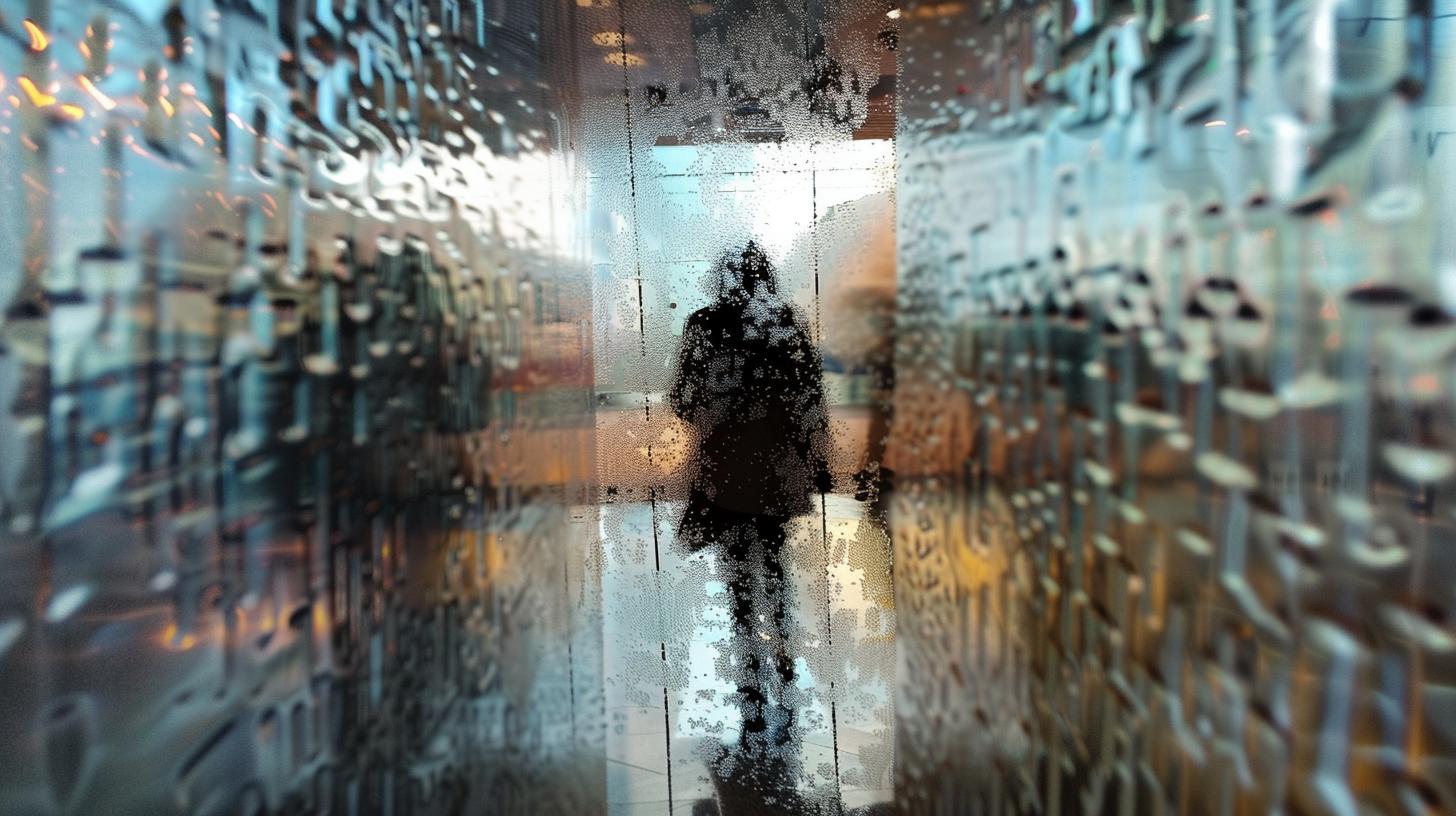 Silhouette of a person through wet glass creating a blurred and abstract reflection effect.