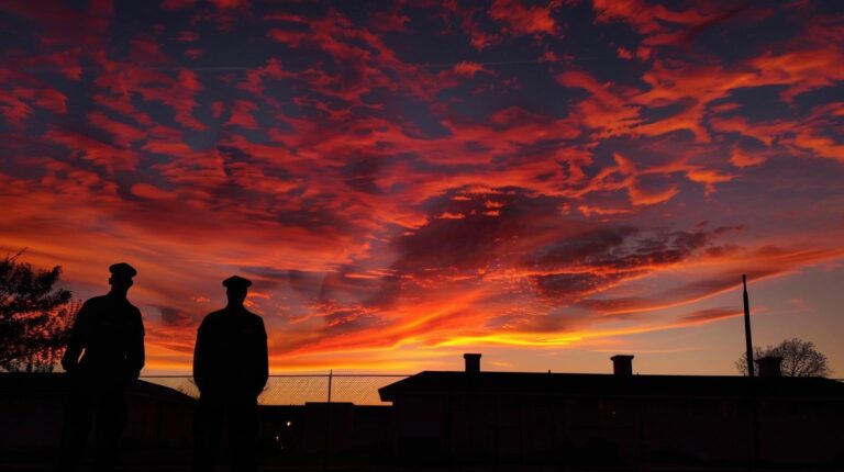 Silhouettes of two people against a vibrant red and orange sunset sky.