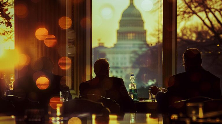 Two people silhouetted against sunset with view of the United States Capitol Building from a window.