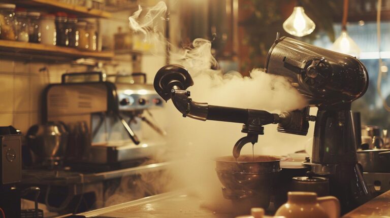 Commercial kitchen with steam rising from cooking equipment.