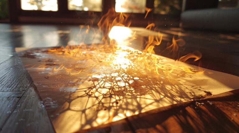 Intense sunlight streaming through a window casting bright reflective patterns on a wooden floor with rising heat waves