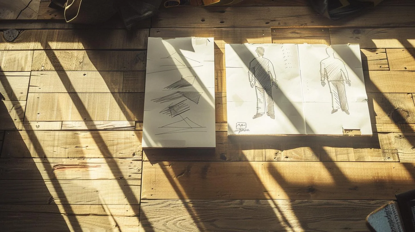 Sketches on paper illuminated by sunlight casting shadows on a wooden floor.