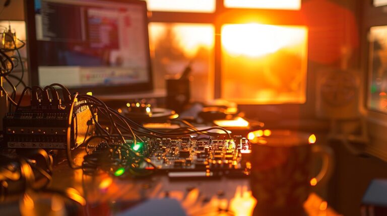 Electronic circuit board and equipment illuminated by sunset through office windows.