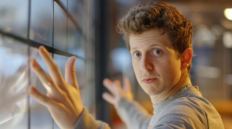 Young man with surprised expression pressing hands against a transparent surface indoors with soft focus background.