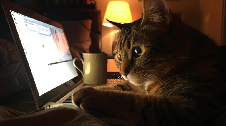 Tabby cat sitting next to a laptop and a coffee mug under warm lighting.