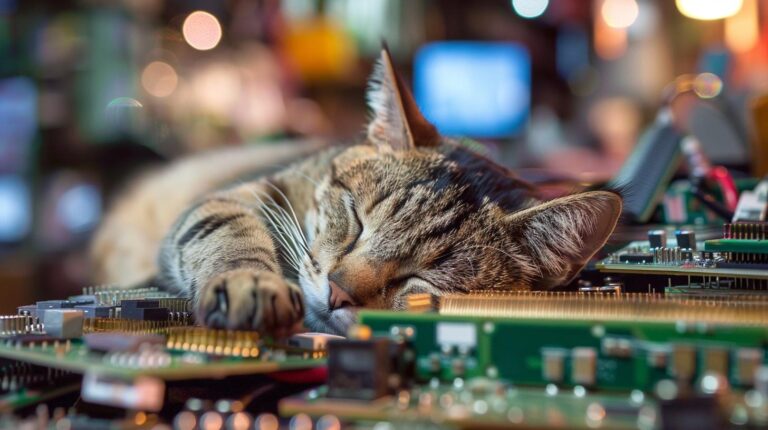 Tabby cat sleeping on computer circuit boards with a bokeh background