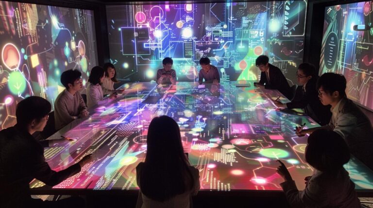 Team of professionals engaged in a high-tech digital data analysis meeting in a futuristic office environment
