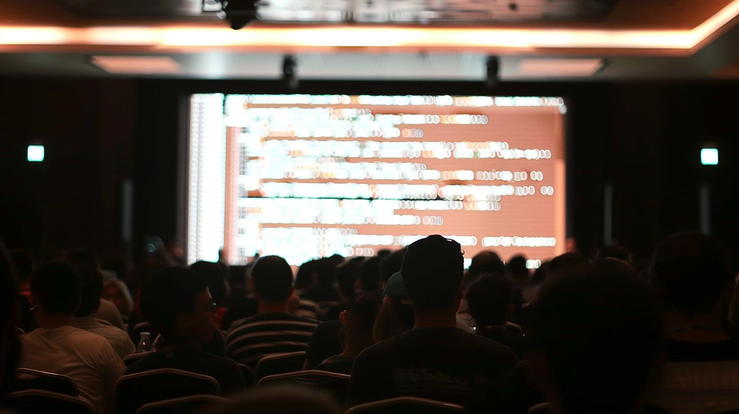 Audience attending a tech conference with a presentation screen displaying code in a dimly lit room.