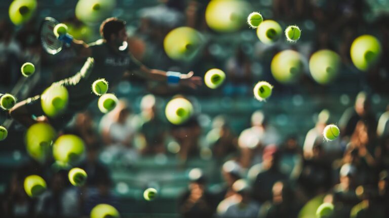 Tennis player in action surrounded by a blur of tennis balls with spectator background.