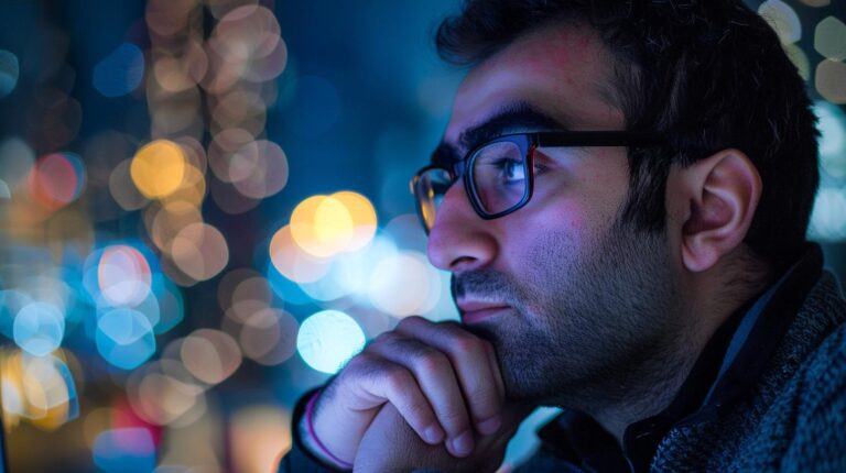 Man with glasses looking thoughtful against illuminated bokeh background at night.
