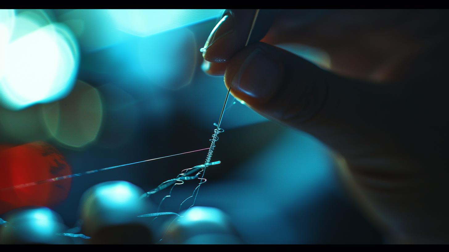 Close-up of a person threading a needle with a bokeh background.