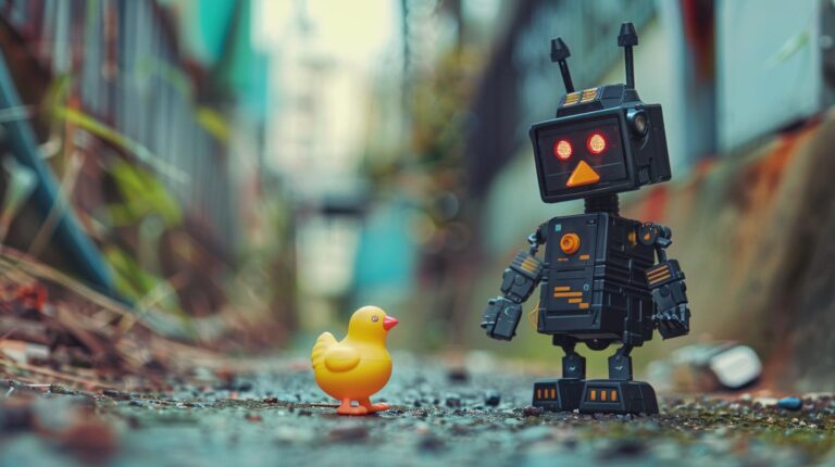 Toy robot with red eyes standing next to a yellow rubber duck on a wet urban street.