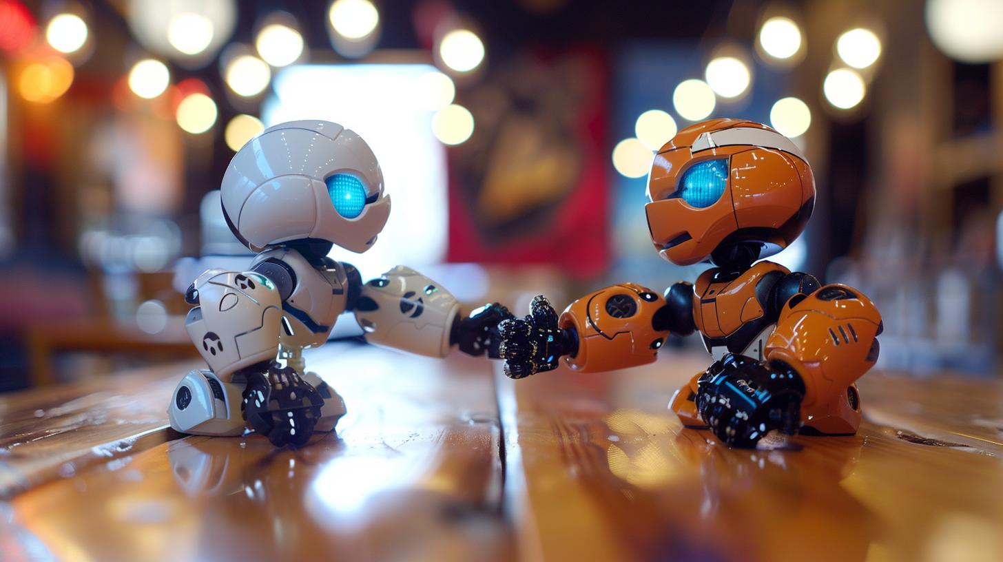 Two toy robots with glowing eyes engaging in a handshake on a wooden table with bokeh lights in the background.