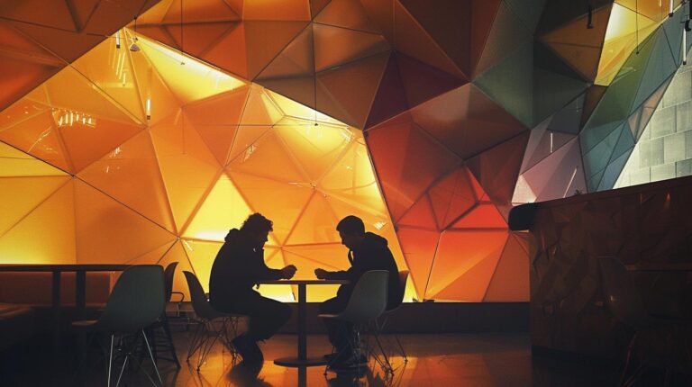 Two people having a conversation in a modern cafe with geometric wall designs and warm lighting