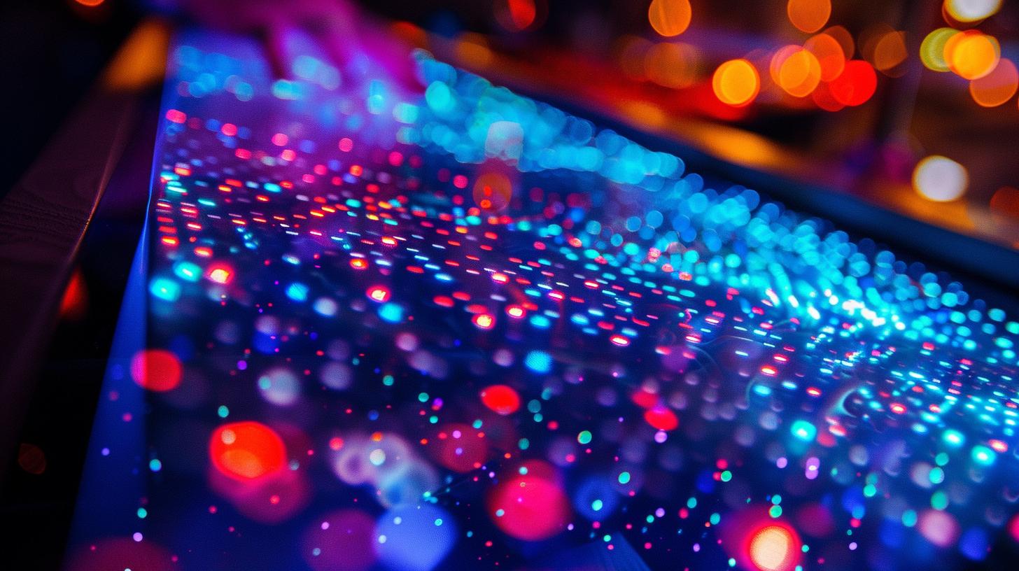 Close-up of vibrant LED lights with bokeh effect and colorful light reflections.