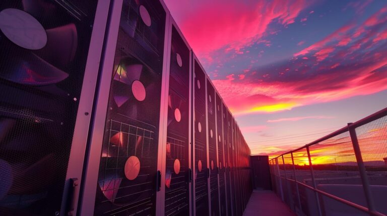 Vibrant sunset behind data center cooling units on building rooftop