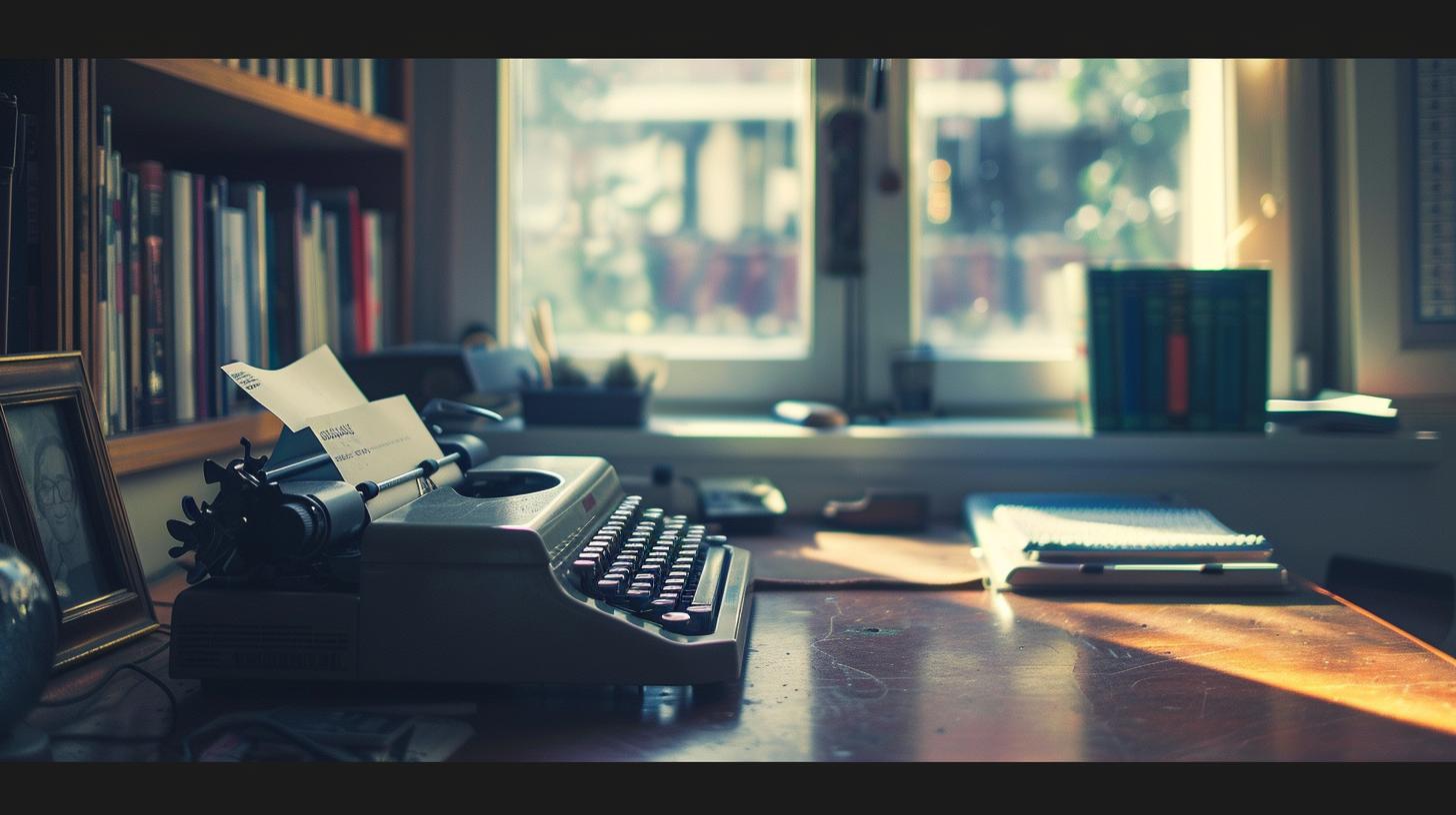 Vintage typewriter on a desk with sunlight streaming through a window in a cozy home office setup
