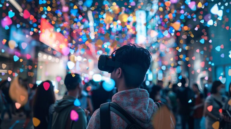Person wearing virtual reality headset with colorful bokeh lights in background