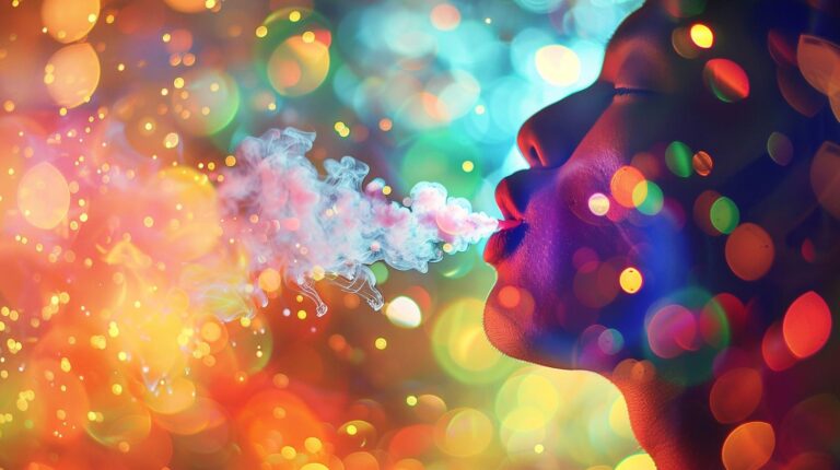 Woman exhaling smoke with colorful bokeh lights background.