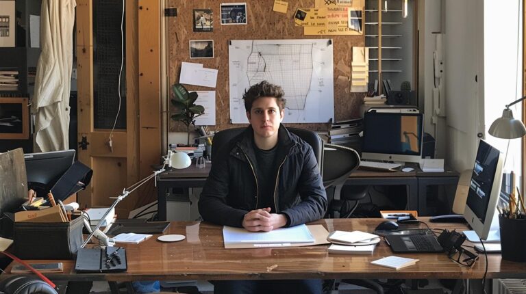 Young man sitting at a cluttered office desk with computers and various items against a backdrop of a bulletin board and notes.