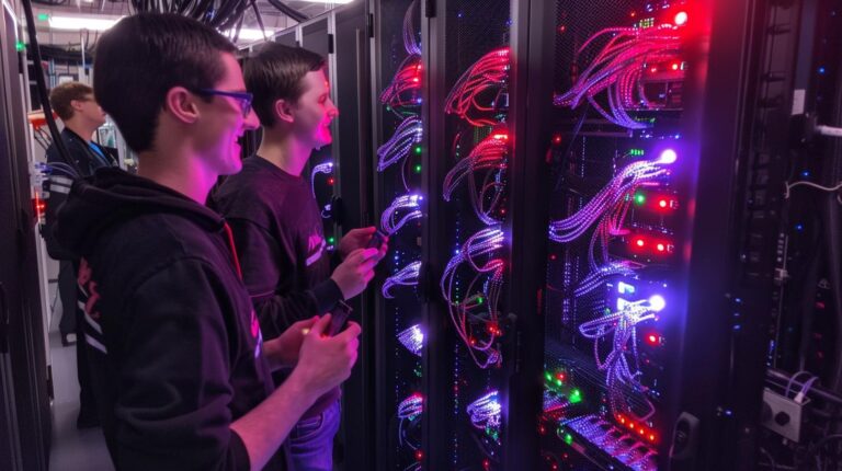 Young technicians inspecting and working on server hardware in a data center with LED lights on equipment racks
