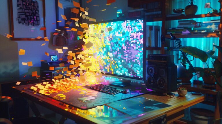 Vibrant digital art of an animated modern workspace with a glowing monitor displaying dynamic pixel explosion, surrounded by lively plants and tech gadgets.