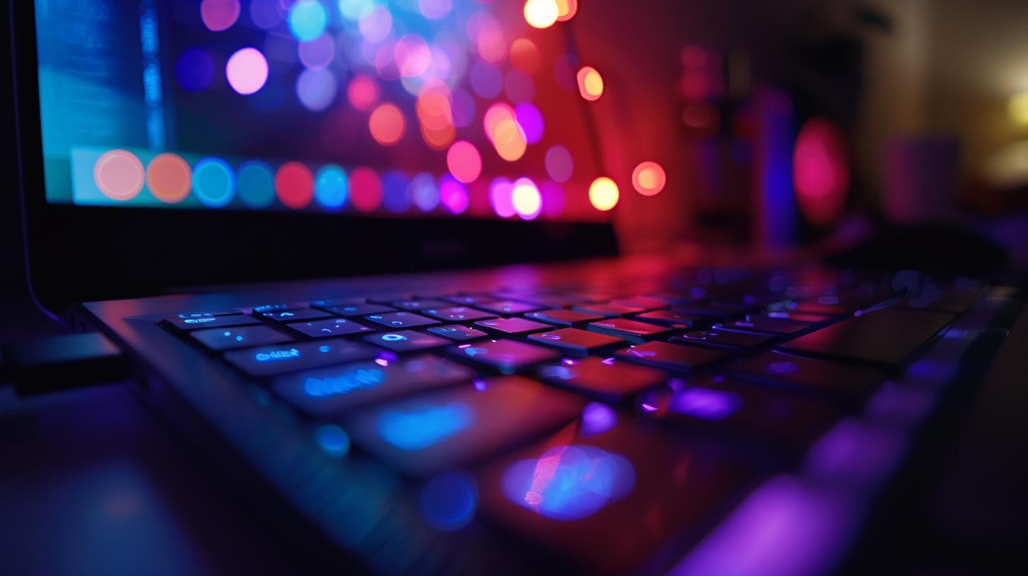 Close-up of a backlit laptop keyboard with colorful bokeh background.