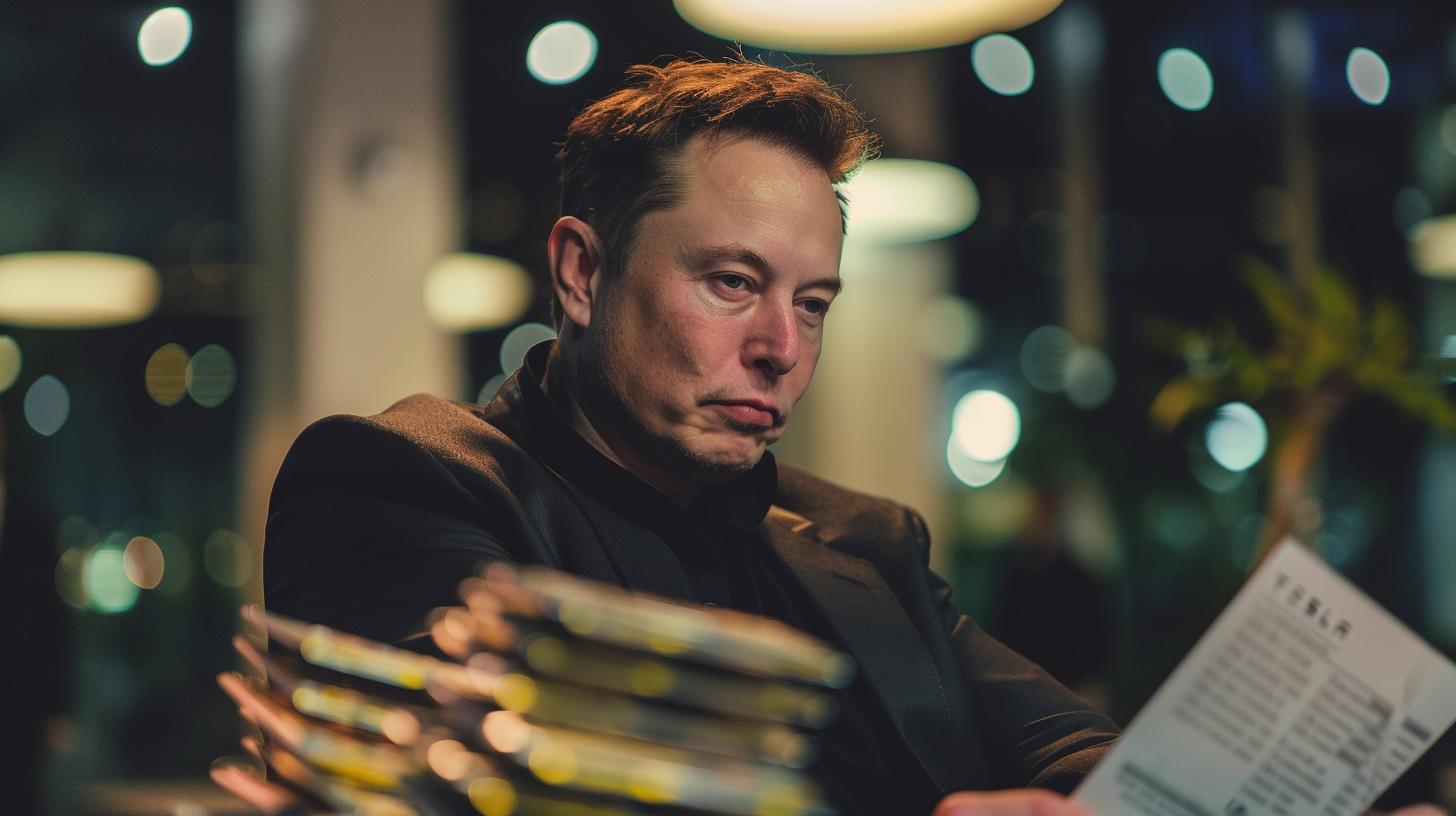 Businessman in contemplation while looking at documents at night with blurred lights in the background.