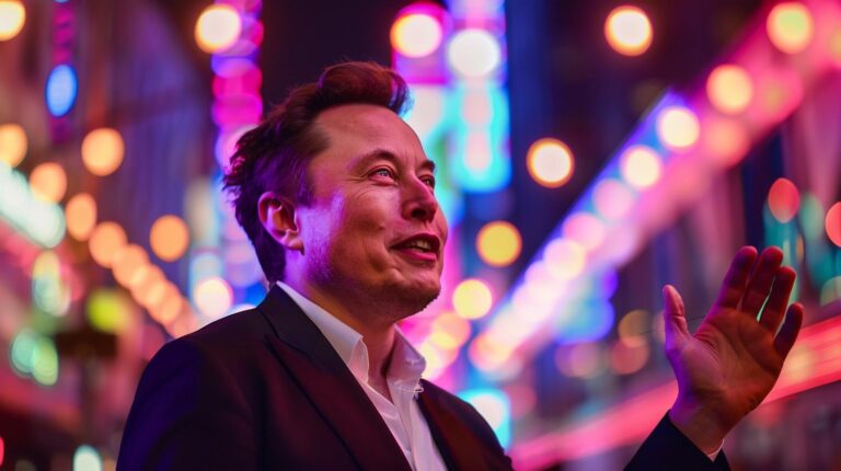 Businessman in suit gesturing with neon city lights in the background.